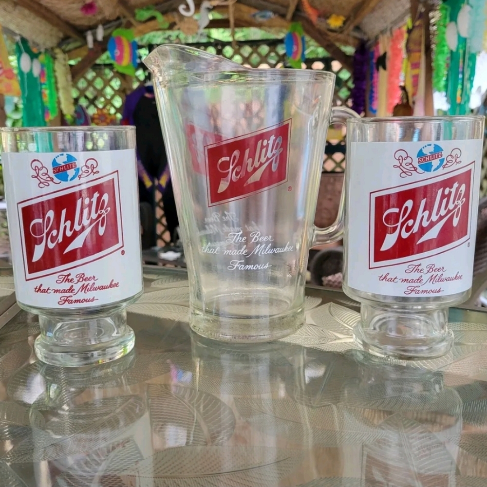 Vintage Schlitz Pitcher And Glasses Set Tall Fat Boy Beer Tumbler Mug Goblet 70s